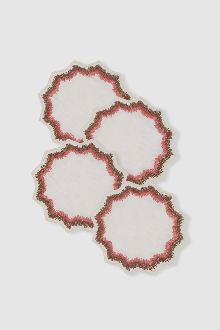 set of four mallorca off white/brown and pink linen coasters