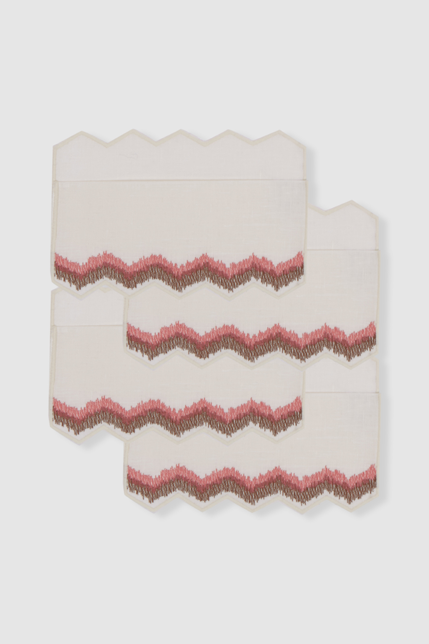 set of four mallorca off white/brown and pink linen cocktail napkins